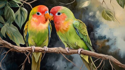 Obraz premium Ultra-realistic image of a pair of lovebirds perched together on a branch, their colorful feathers blending in harmony 
