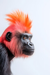 Fototapeta premium Portrait of gorilla monkey with bright vibrant mohawk, side view isolated on white background 