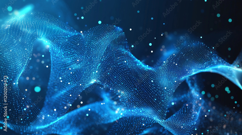 Poster digital background depicting flowing blue data waves in metaverse style. generative ai