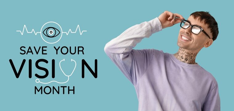 Banner for Save Your Vision Month with Young tattooed man in eyeglasses