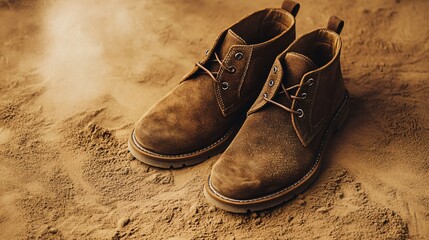Naklejka premium Brown suede desert boots dusted with sand, isolated on a textured tan background