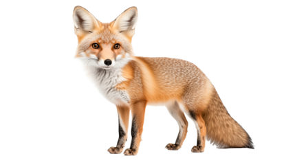 Fox stands alone on a white background showcasing its vibrant fur and keen expression in a natural pose