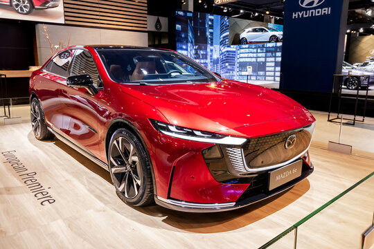 Mazda 6e (2025) all-electric sedan car at the Brussels Motor Show. Brussels, Belgium - January 10, 2025.