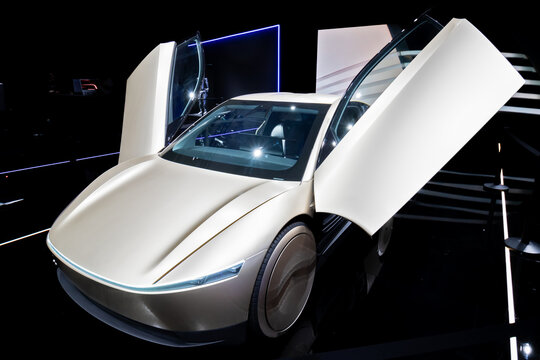 Tesla Cybercab (Robotaxi) concept autonomous car at the Brussels Motor Show. Brussels, Belgium - January 10, 2025.