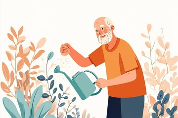 Elderly man gardening with watering can in lush foliage - nature care and senior leisure