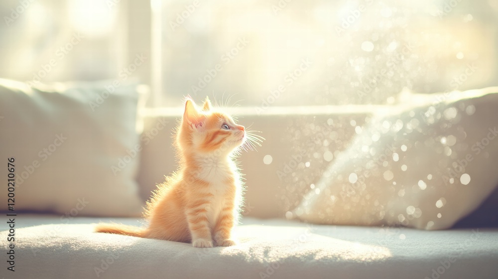 Poster Kitten explores sunlit living room while playing with floating dust particles in the warm afternoon light. Generative AI