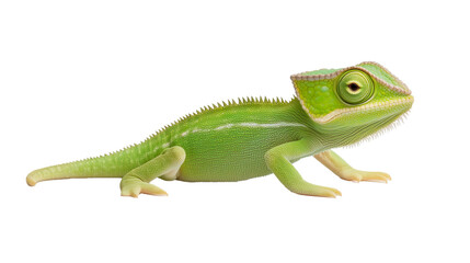 Fototapeta premium Green chameleon displaying its vibrant color on a white background in a calm pose