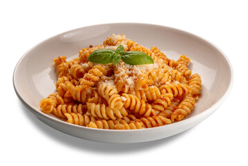 Fusilli pasta with tomato sauce and grated parmesan cheese and basil leaves in white plate isolated on white with clipping path included