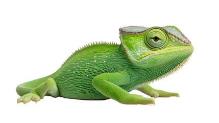 Fototapeta premium Bright green chameleon resting in a serene pose on a white background