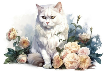 beautiful fluffy white cat and flowers on a white background., watercolor style, Generative AI