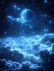 Obraz premium A mesmerizing nightscape with a vibrant blue moon amidst a starry sky and luminous clouds. Ideal for fantasy art, book covers, or phone wallpapers.