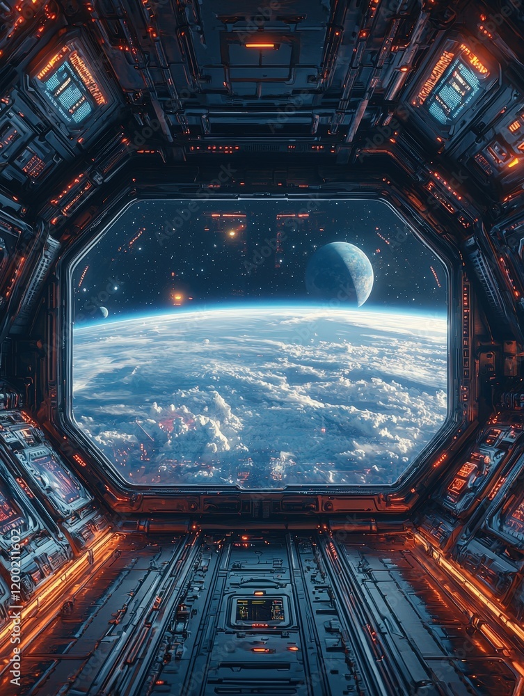Poster a spaceship hallway with a large window showcasing a breathtaking view of a cloudy planet and its mo