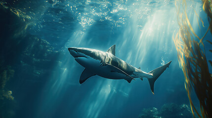 Fototapeta premium A great white shark swims in a clear ocean underwater, sunlight piercing the water’s surface. perfect for wildlife campaigns, marine biodiversity, stock imagery, or eco-awareness projects.