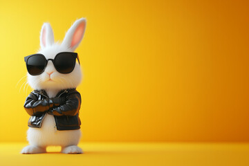 Badass looking Easter bunny character with black sunglasses and leather jacket on yellow background, original Easter design with copy space