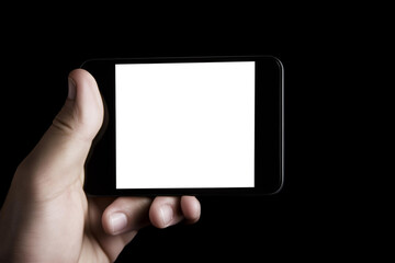 Hand Holding Smartphone in Landscape Orientation with White Screen on Black Background