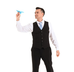 Handsome steward with paper plane on white background