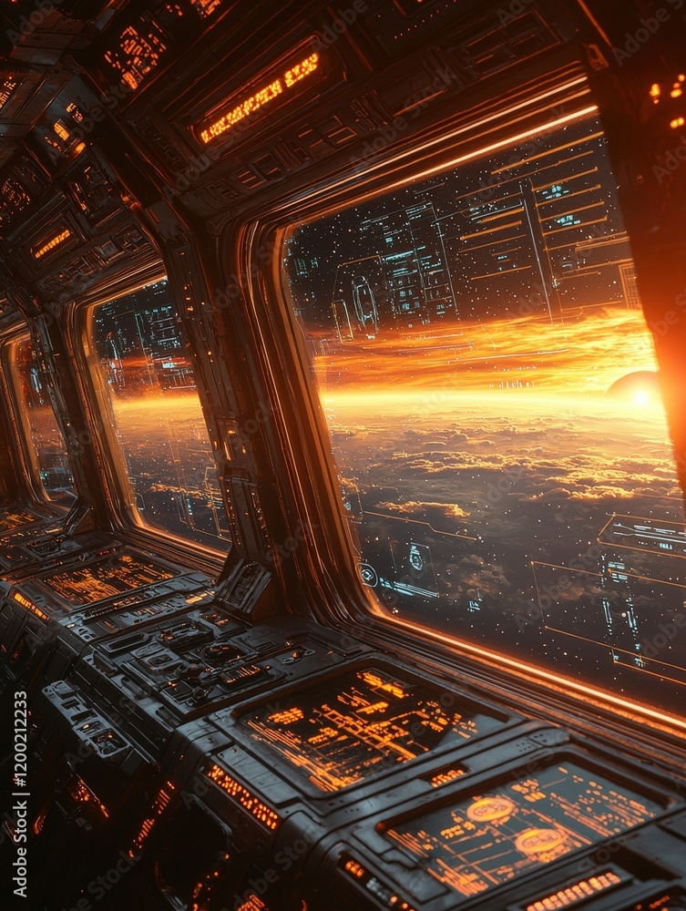 Poster a spaceship cockpit with glowing orange lights and windows displaying a sunset view of a planet from