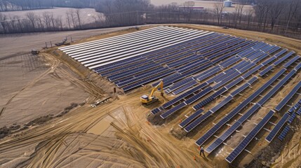 An aerial shot of a construction crew assembling a solar panel array, Solar farm installation scene, Renewable energy deployment style