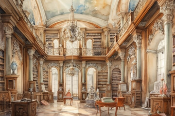 old wooden library., watercolor style, Generative AI