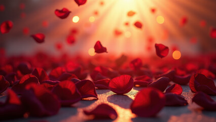 Valentine's Day Magic, red Petals Falling Beneath Orange Sunrays