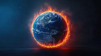 Earth Surrounded by Fiery Flames Symbolizing Climate Change and Environmental Crisis in Dark Background