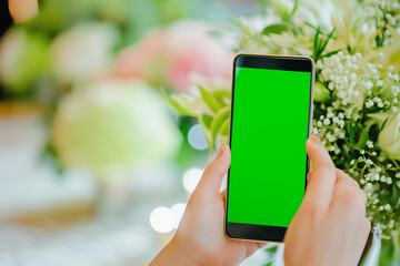 Person holding smartphone with green screen in floral background