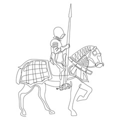 Medieval knight on horseback one line vector illustration