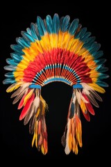 Colorful Native American headdress made of feathers, front view, against a black background