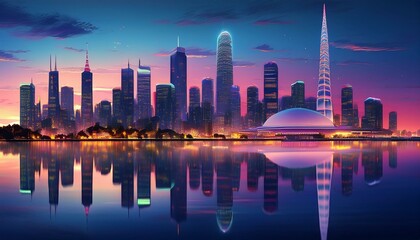 Obraz premium Generated imTitle: Montreal Skyline with Reflections at Duskage