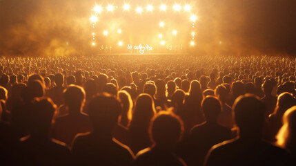 Outdoor concert at night with a dense crowd and warm golden stage lights against the dark backdrop. ideal for concert promotions, event blogs, or music-themed visuals.