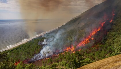 Fire spreads along hillside near coastline, impacting vegetation and wildlife