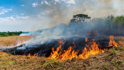 Intense fire spreads through agricultural fields in rural area affecting crops and surrounding vegetation