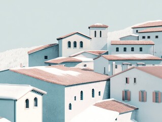 Obraz premium An abstracted illustration of a serene snow-covered village, muted teal and soft pink tones, traditional structures with curved roofs highlighted