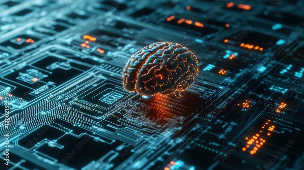Poster futuristic digital brain on a circuit board, symbolizing ai and technology integration