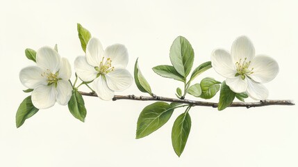 Fototapeta premium Detailed illustration of a branch with two blooming white flowers and green leaves, isolated on white background.