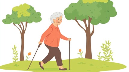 Elderly woman enjoying nature walk with walking sticks in vibrant park scene