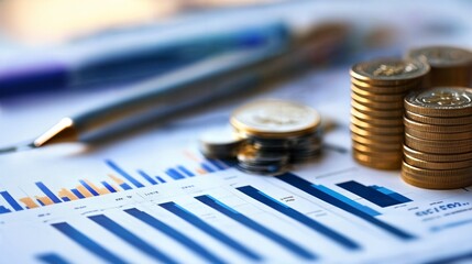 Stacks of coins placed on charts with bar graphs and a pen in the background. Visual highlights growth, wealth, business analytics, ideal for financial articles, marketing, or investment platforms.