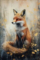 Fototapeta premium vertical oil painting red fox surrounded by golden leaves on canvas, abstract acrylic textured rough brushstrokes background