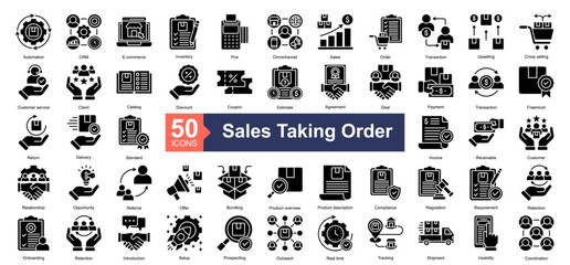 Sales Taking Order Icon Collection Set.Containing Automation, CRM, E-commerce, Inventory, Pos Terminal, Omnichannel, Sales icon. Simple glyph style Vector Illustration.	