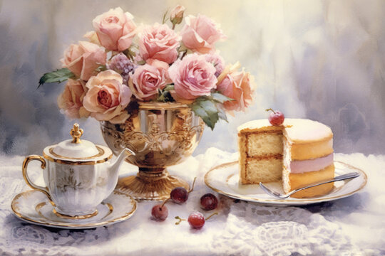 delicate still life with roses and dessert on a light background in the rococo style,., watercolor style, Generative AI