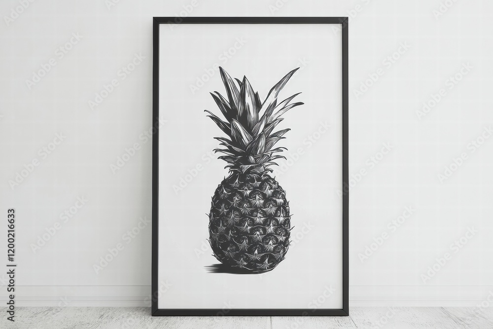 Poster Black and white artistic drawing of a pineapple in a modern frame displayed on a light wall. Generative AI