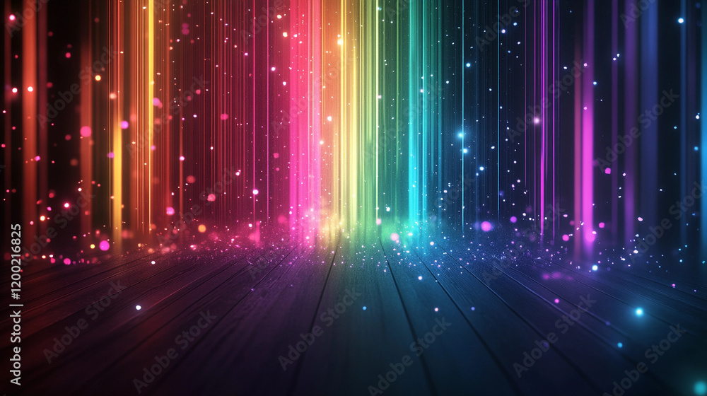 Poster colorful rainbow background with sparkling effects in a dark setting. generative ai