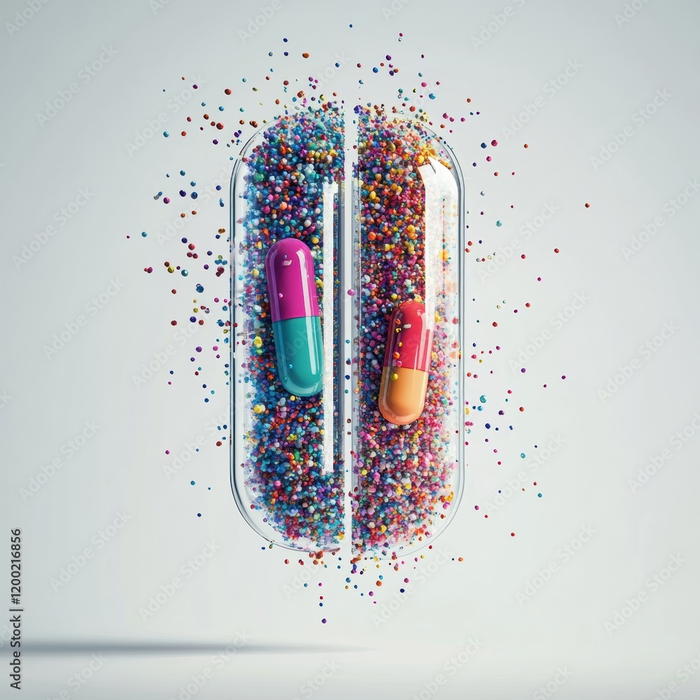 Poster Colorful particles burst from split capsule in creative and vibrant display of energy and motion. Generative AI