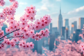 Delicate Pink Cherry Blossoms Bloom Against a City Skyline
