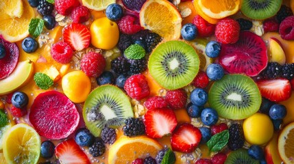 Healthy vegan breakfast platter with overnight oats, chia pudding, and fruit medley, vibrant colors arranged aesthetically,