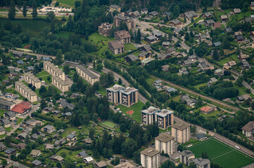 Chamonix aerial panoramic view. Chamonix Mont Blanc is a commune and town in south eastern France