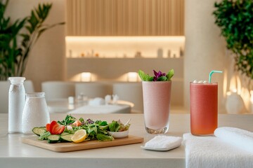 Refreshing summer feast with vibrant drinks and fresh salad in a modern setting