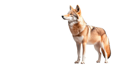 Wolf standing gracefully in an isolated white background highlighting its features and fur