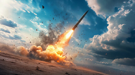 Missile launch creates massive explosion against a dramatic sky. Generative AI