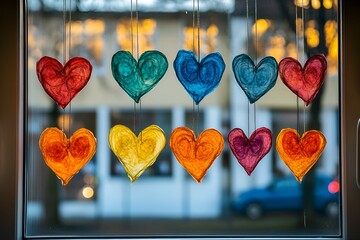 A colorful classroom decorated with paper hearts hanging on strings, evoking a festive and loving atmosphere